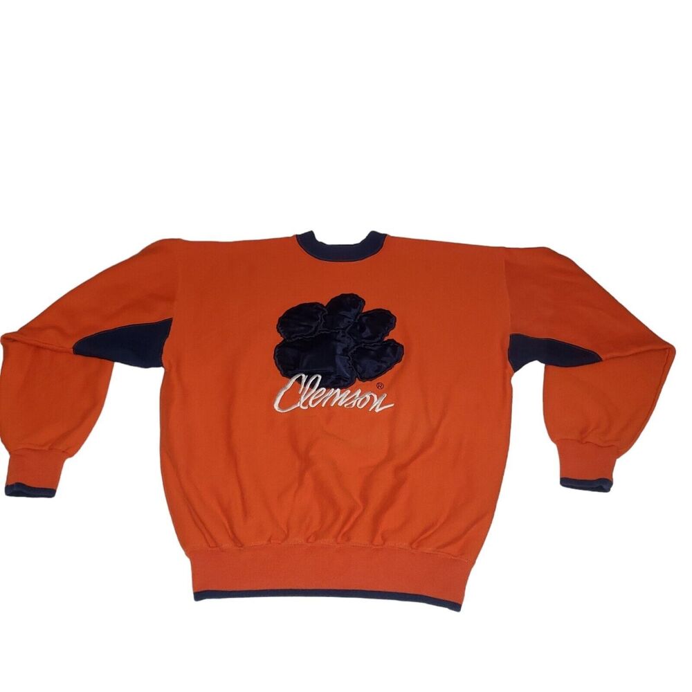 VTG 80’s Clemson Tigers Satin Paw Embroidered Mens L Sweatshirt Sweater Pullover